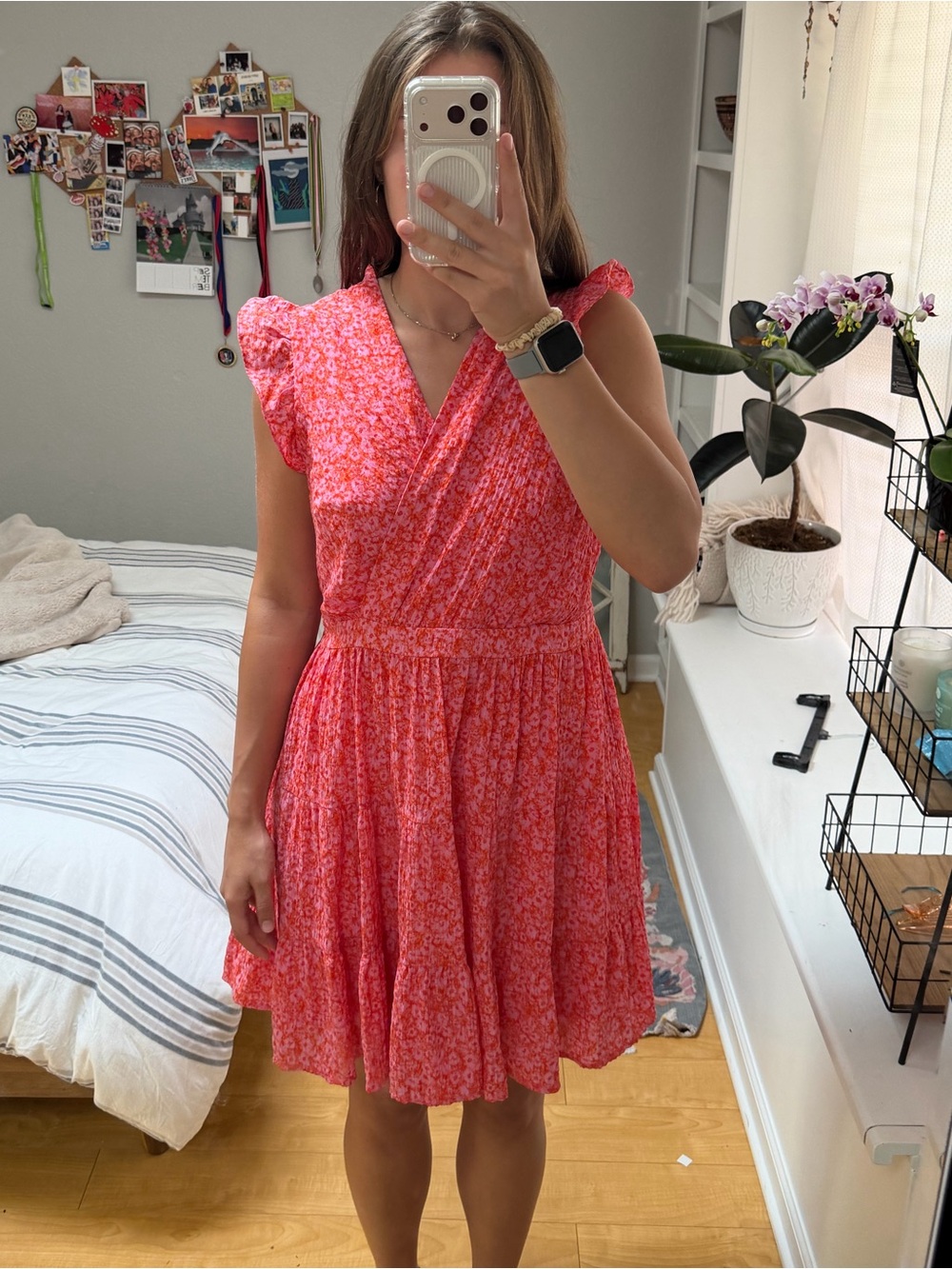 Rachel Zoe Coral Pink Floral Wrap Mini Dress